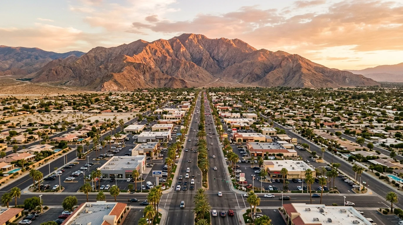 Aerial view of Cathedral City California with desert mountains at golden hour