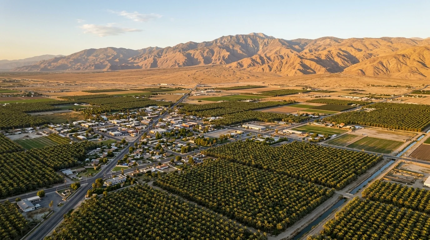 Aerial view of Coachella California with date palm groves and desert mountains at golden hour