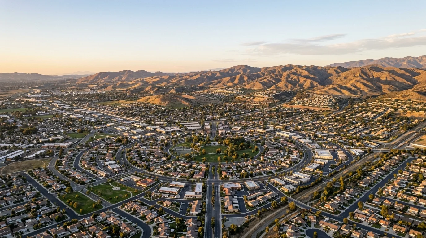 Aerial view of Corona California showing the circular Grand Boulevard city layout at golden hour