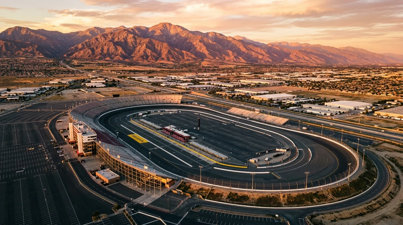 Aerial view of Auto Club Speedway in Fontana California with San Gabriel Mountains at golden hour