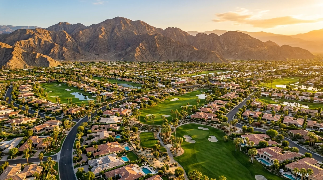 Aerial view of Indian Wells California resort community with Santa Rosa Mountains at golden hour