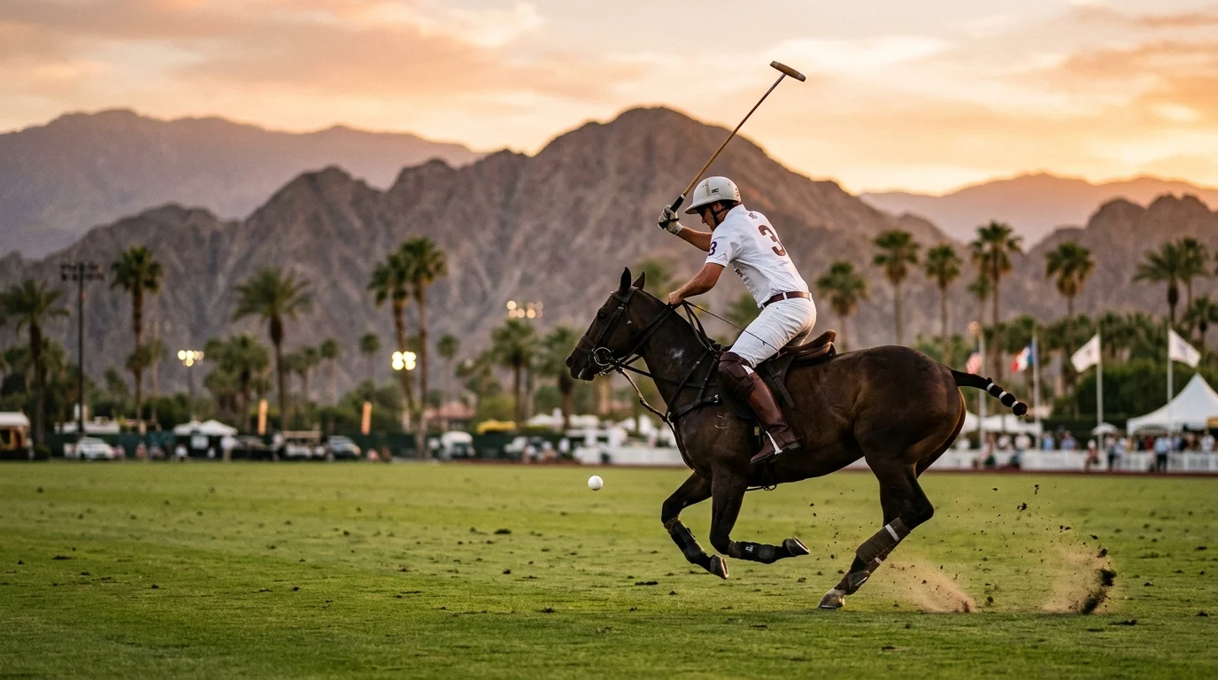Polo match at Empire Polo Club in Indio California with desert mountains at golden hour