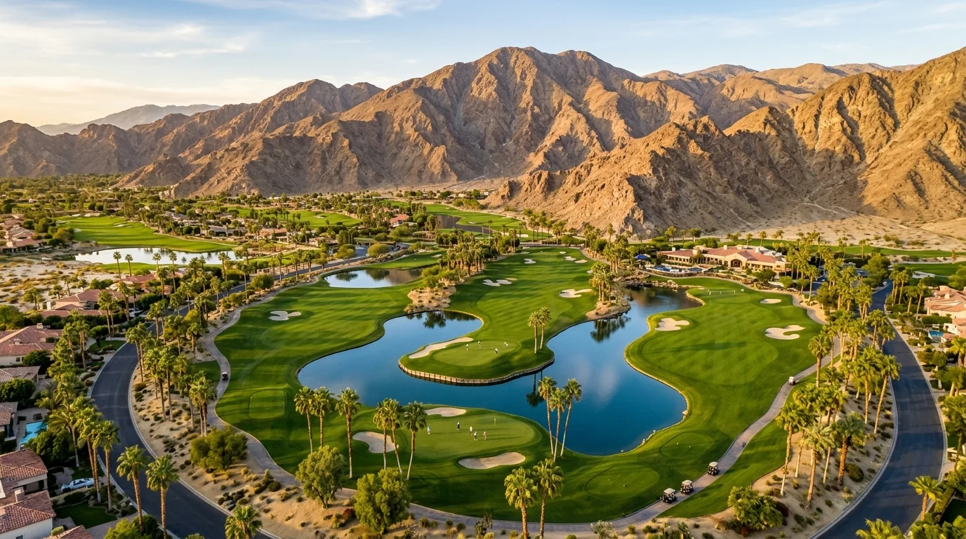 Aerial view of PGA West golf course in La Quinta California with Santa Rosa Mountains at golden hour