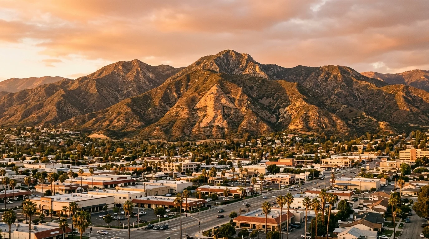 Aerial view of Moreno Valley California with Box Springs Mountain at golden hour