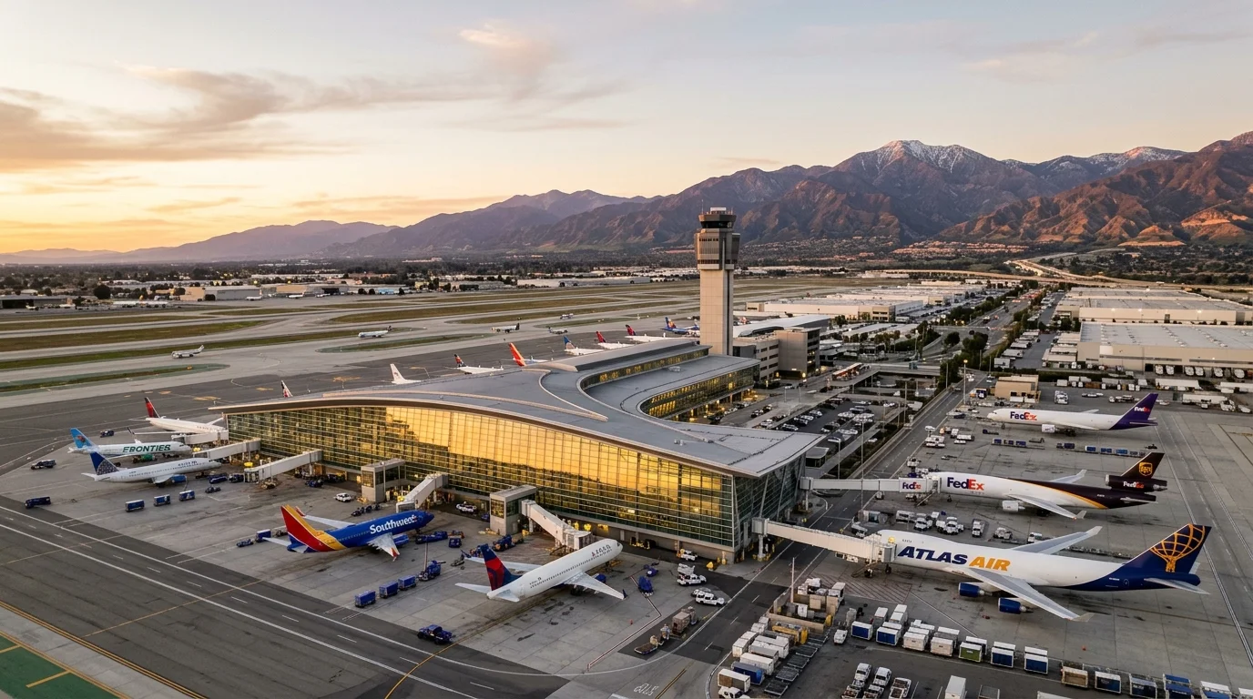 Aerial view of Ontario International Airport in Ontario California with mountains at golden hour