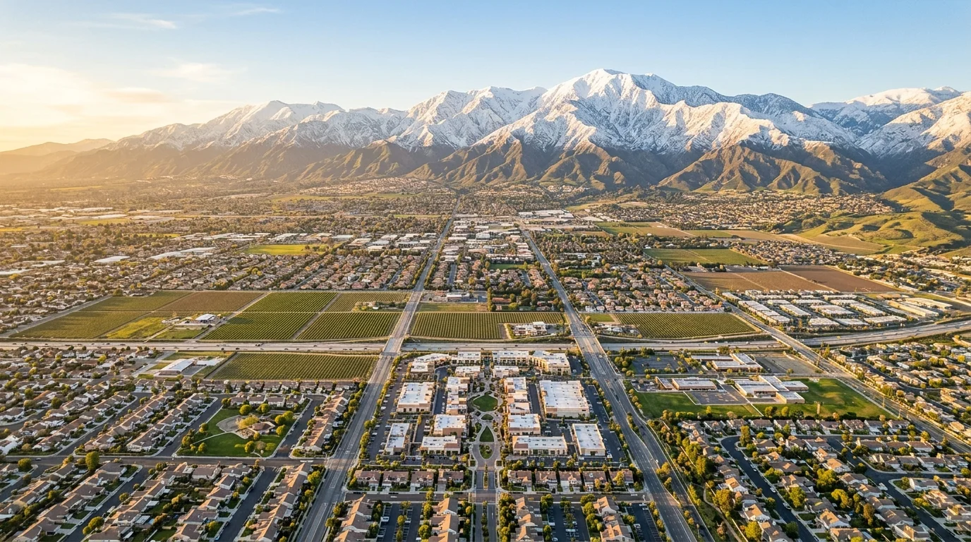 Aerial view of Rancho Cucamonga California with snow-capped San Gabriel Mountains at golden hour