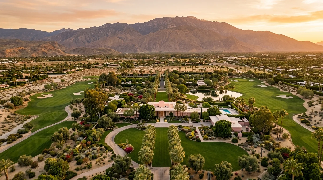 Aerial view of Sunnylands estate in Rancho Mirage California with San Jacinto Mountains at golden hour