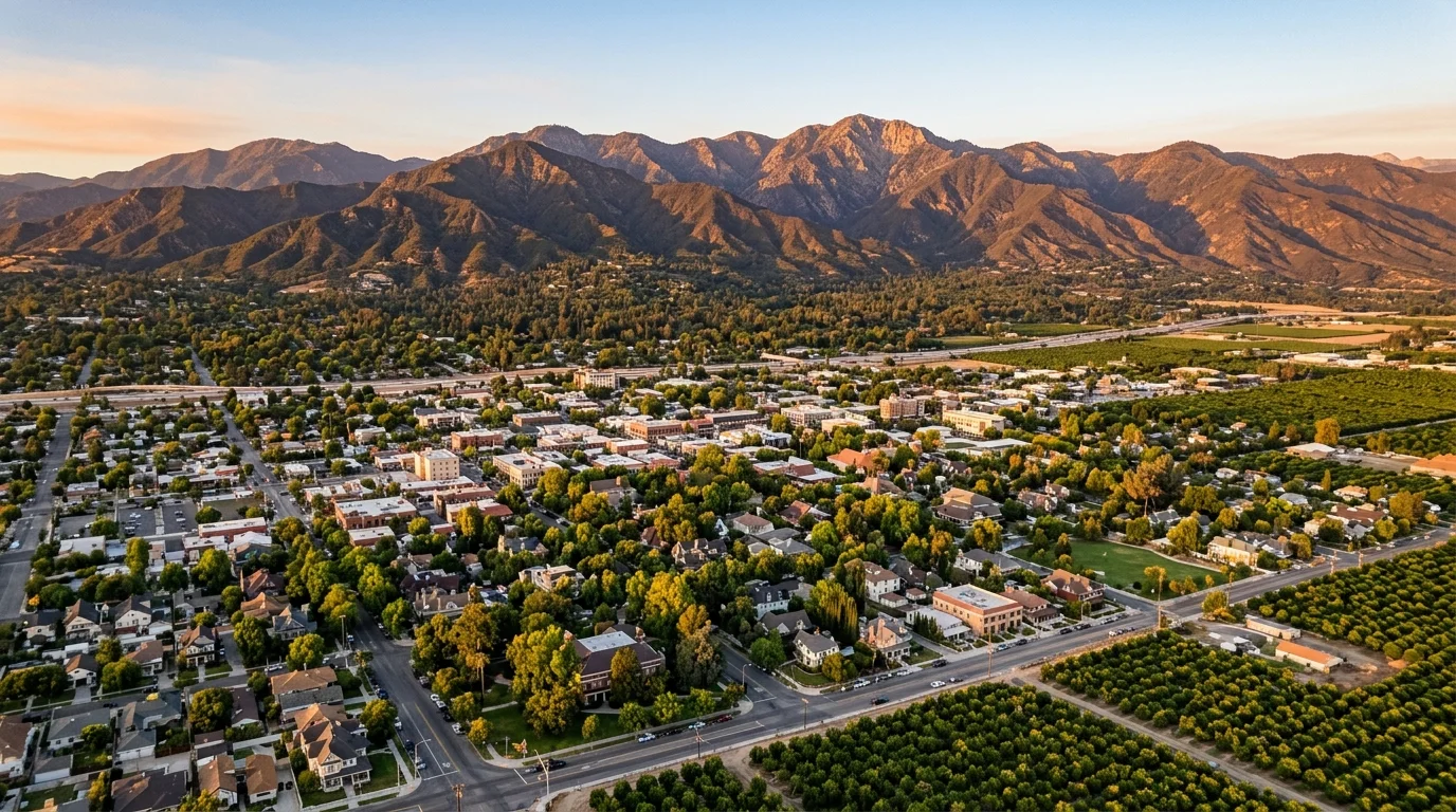 Aerial view of historic Redlands California with San Bernardino Mountains at golden hour