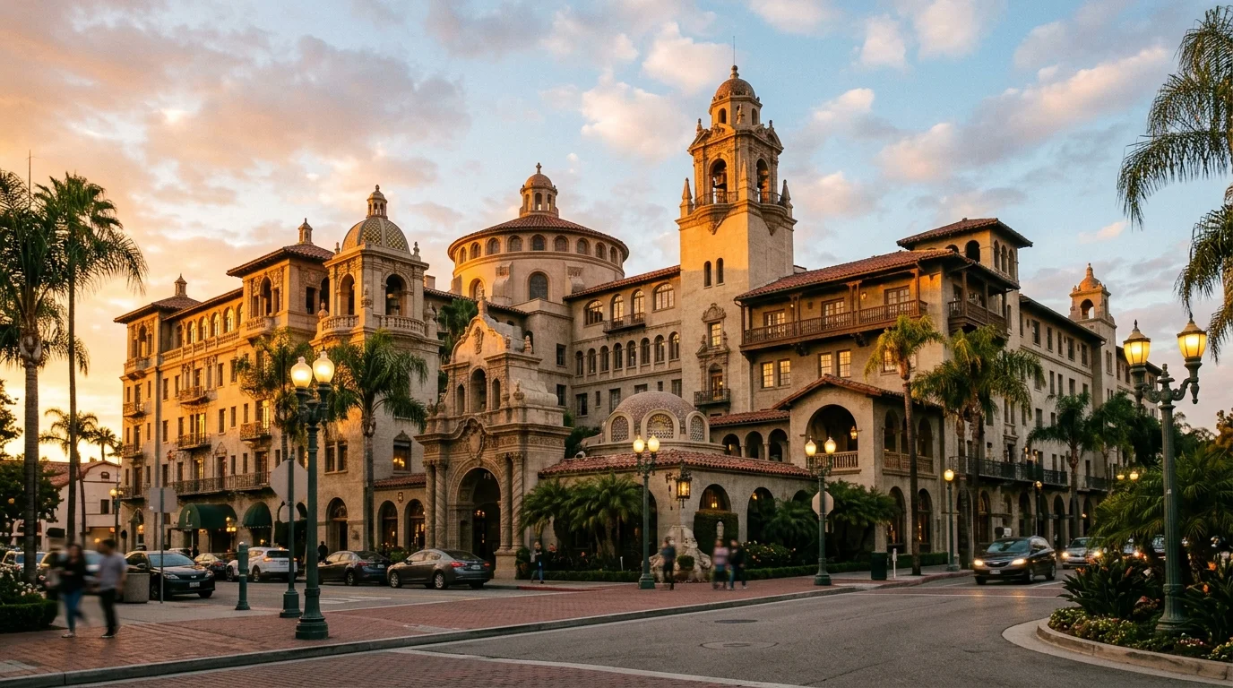Historic Mission Inn Hotel in downtown Riverside California at golden hour