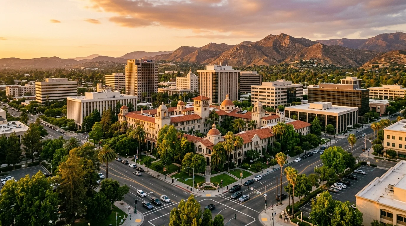 Aerial view of downtown San Bernardino California with historic courthouse and mountains at golden hour