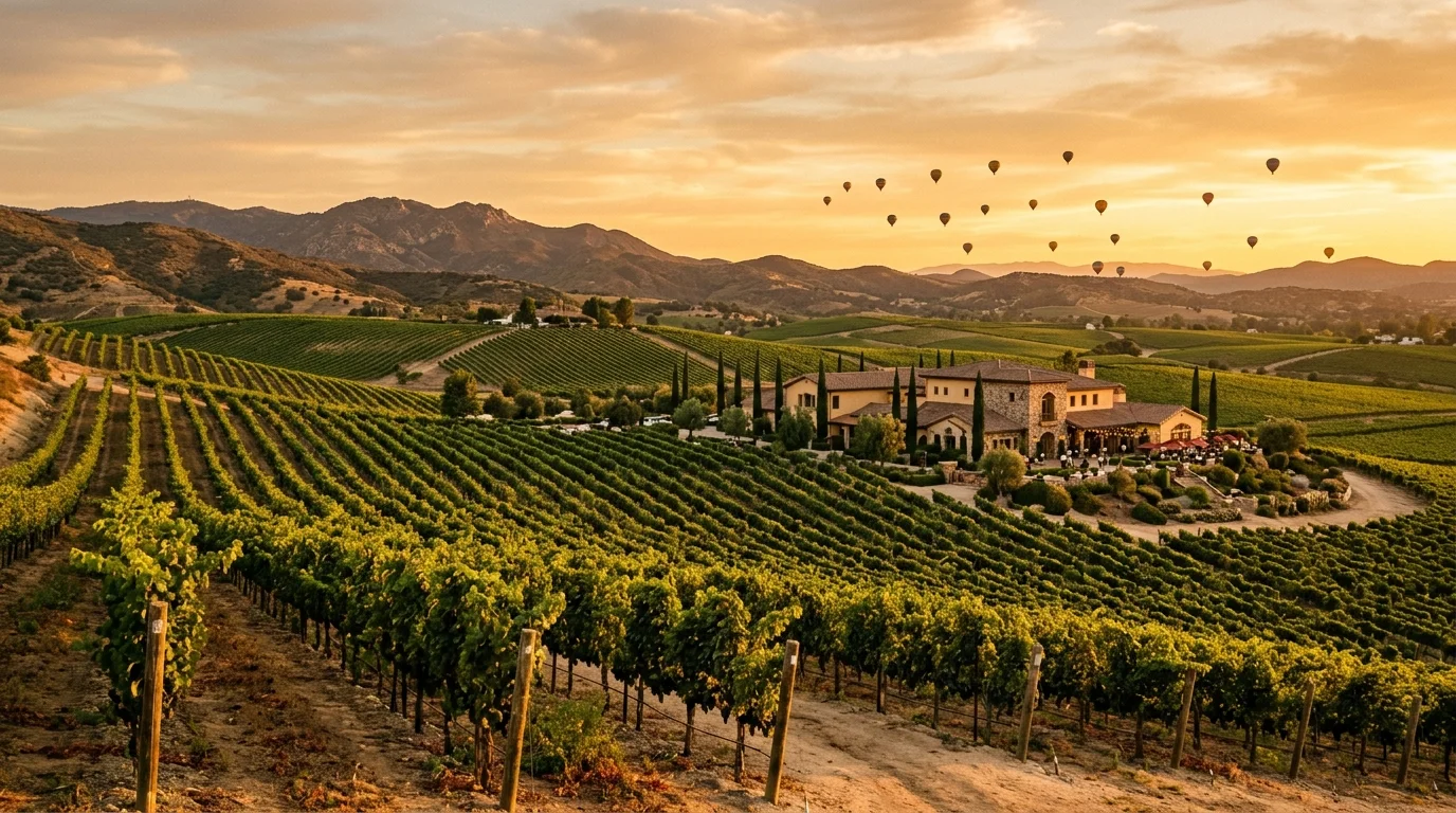 Temecula California wine country vineyards with hot air balloons and mountains at golden hour