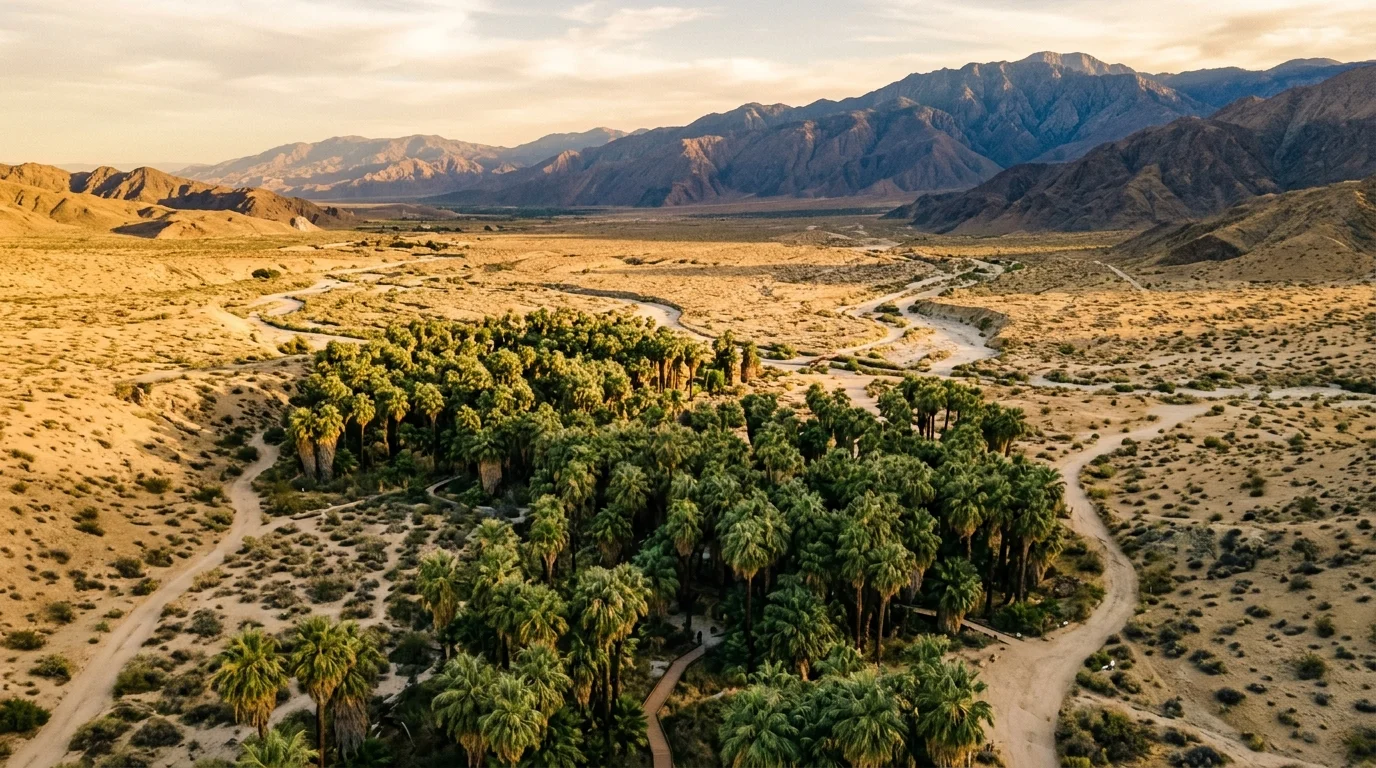 Coachella Valley Preserve desert oasis with native fan palms in Thousand Palms California at golden hour