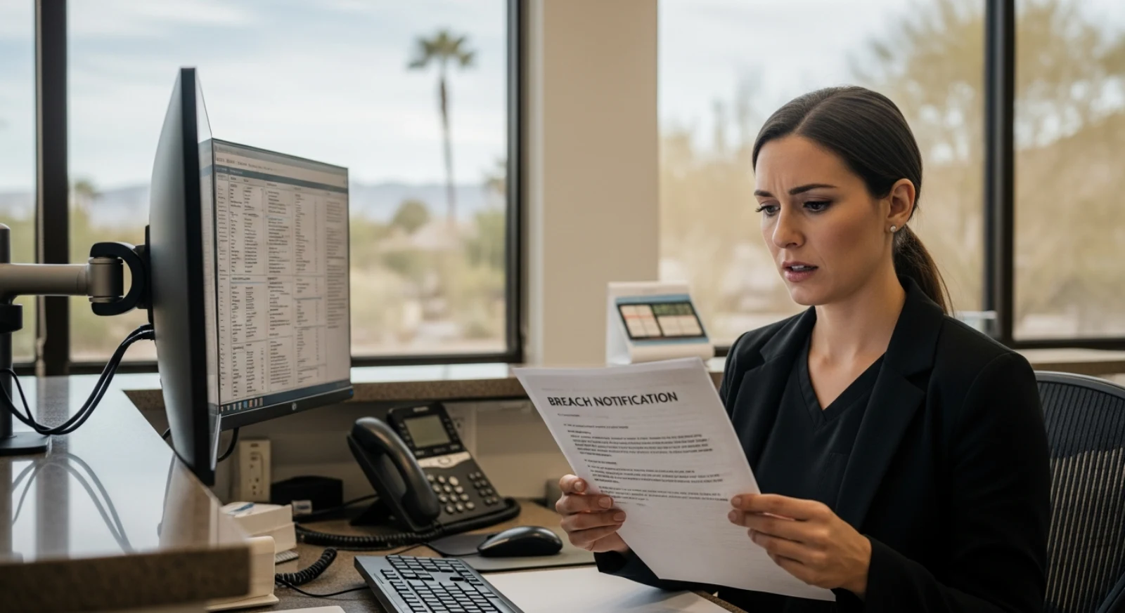 A dental office manager at a front-desk workstation reviewing a breach notification letter, patient charts visible on a mounted monitor, concern on her face, afternoon light through tinted windows