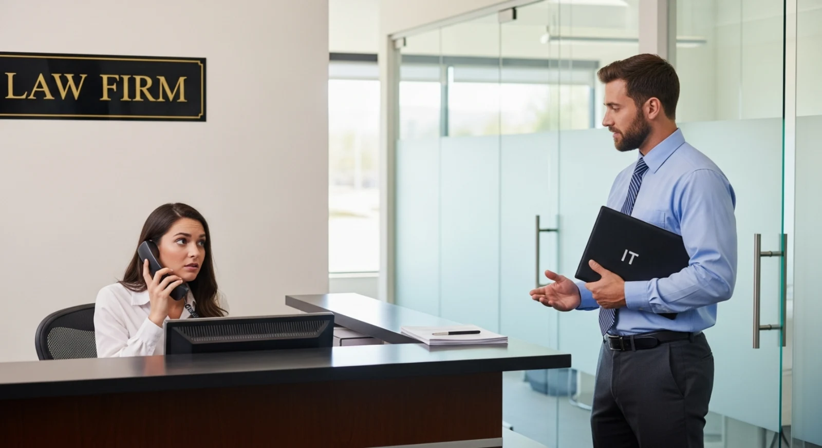 A law firm receptionist at a front desk looking uncertain as she holds a phone, a stranger in business casual clothes standing nearby claiming to be IT support