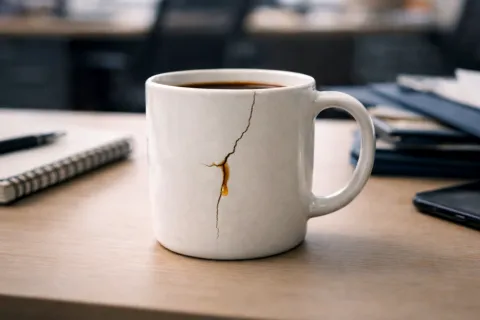 A cracked coffee mug with the start of a drip on an office desk.