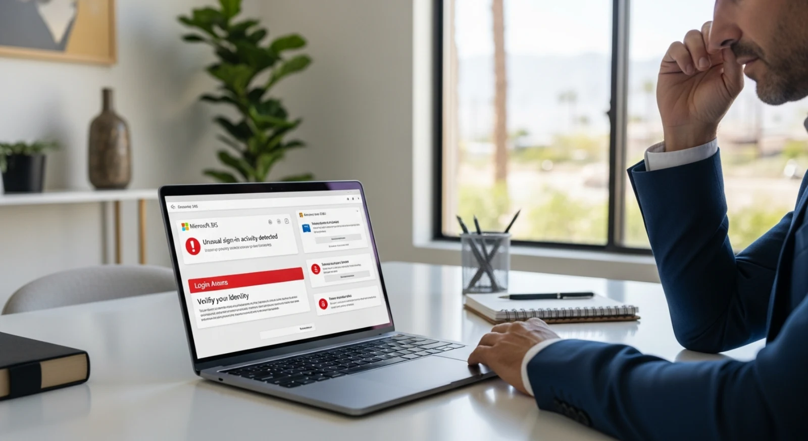 A tense business owner staring at a laptop screen showing Microsoft 365 login alerts, sitting at a modern Palm Desert office desk