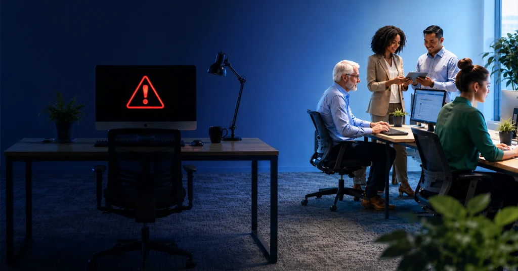 On the left a computer is in shadow with a red exclamation point icon, on the right a group of people continue working in the light without noticing the computer.