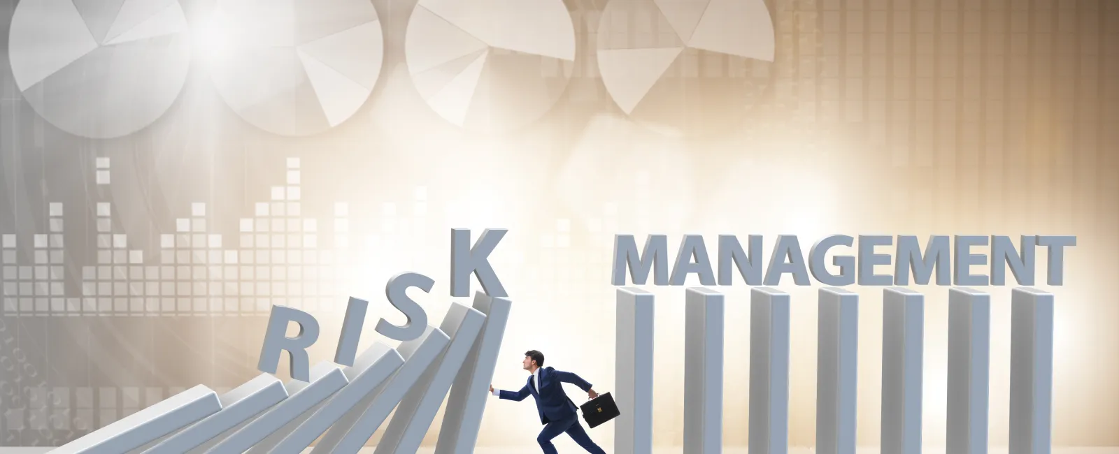 A business professional climbs an ascending graph labeled 'RISK' towards 'MANAGEMENT' in a dynamic visual.