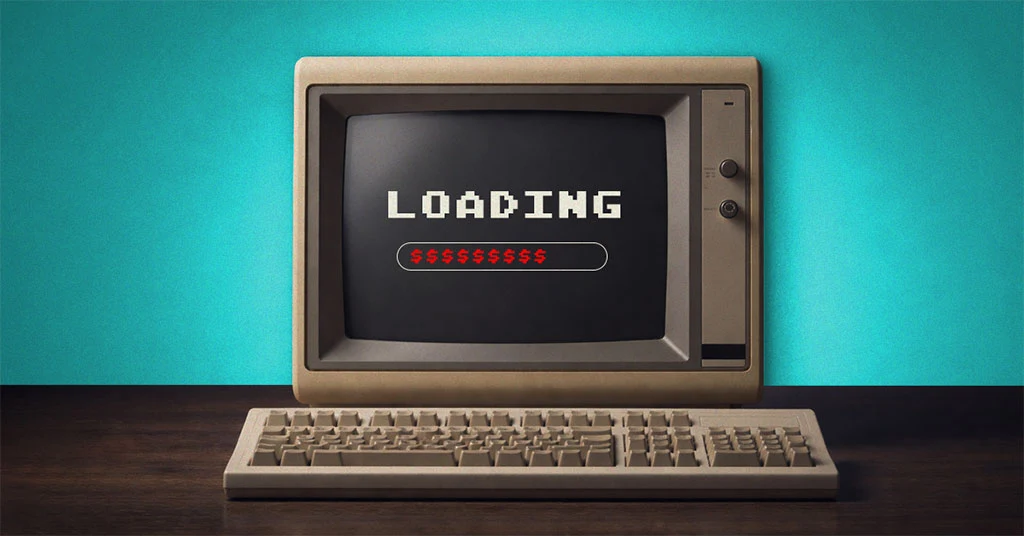 Image showing an old outdated computer whose loading screen bar is comprised of dollar signs.