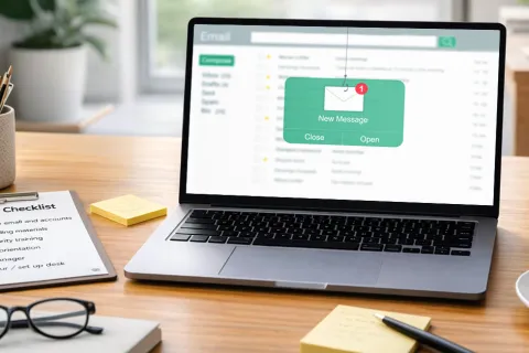 A new email message shown on a laptop that has a fishing hook coming down from the top of the screen hooked into the letter.