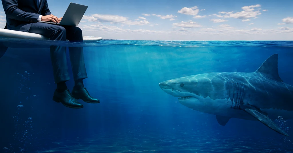 A business person in a suit working on a laptop in the water while sitting on a surfboard. A shark is lurking underneath the water near them.