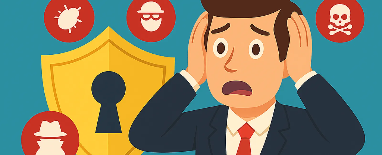 Worried businessman surrounded by cybersecurity threat icons with a shield and the word MYTHS above.