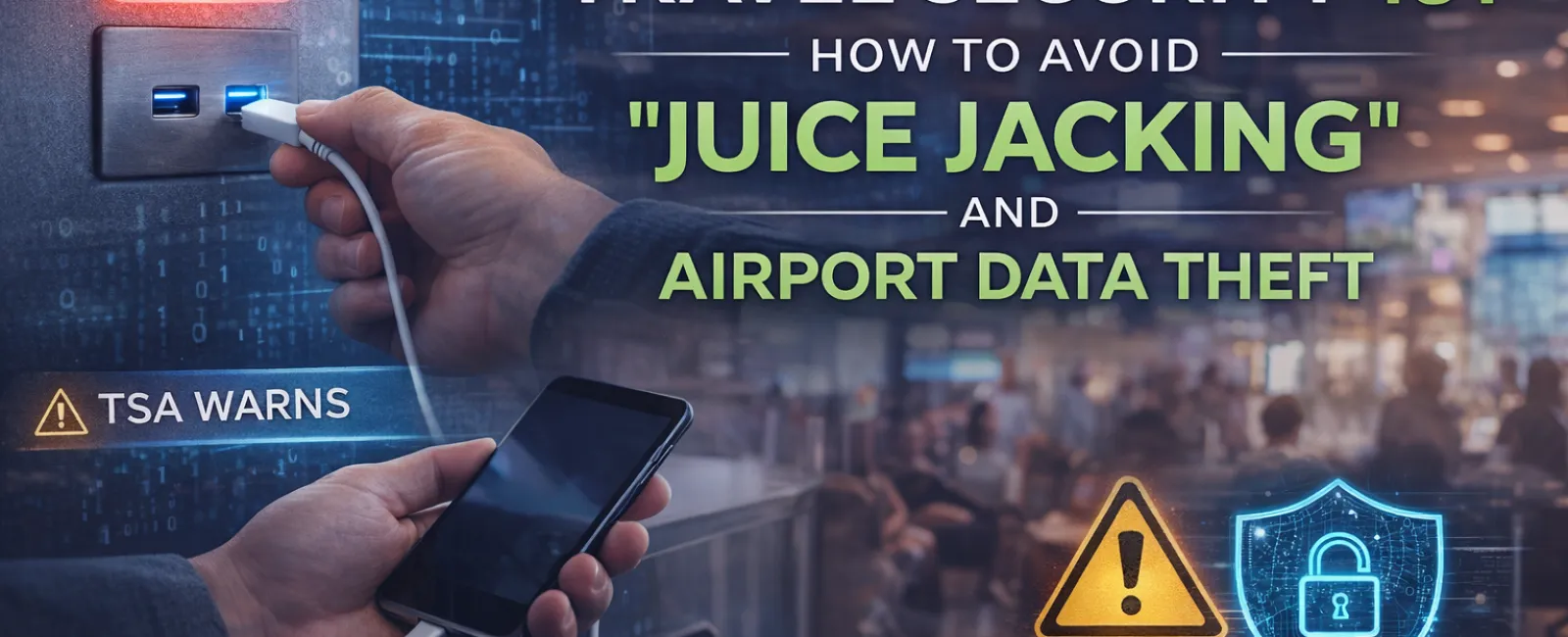 Person plugging phone into airport USB charger warning about juice jacking and airport data theft security risks.