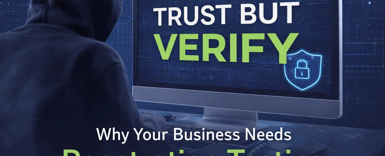Hacker in hoodie at computer with message Trust but Verify highlighting need for penetration testing.