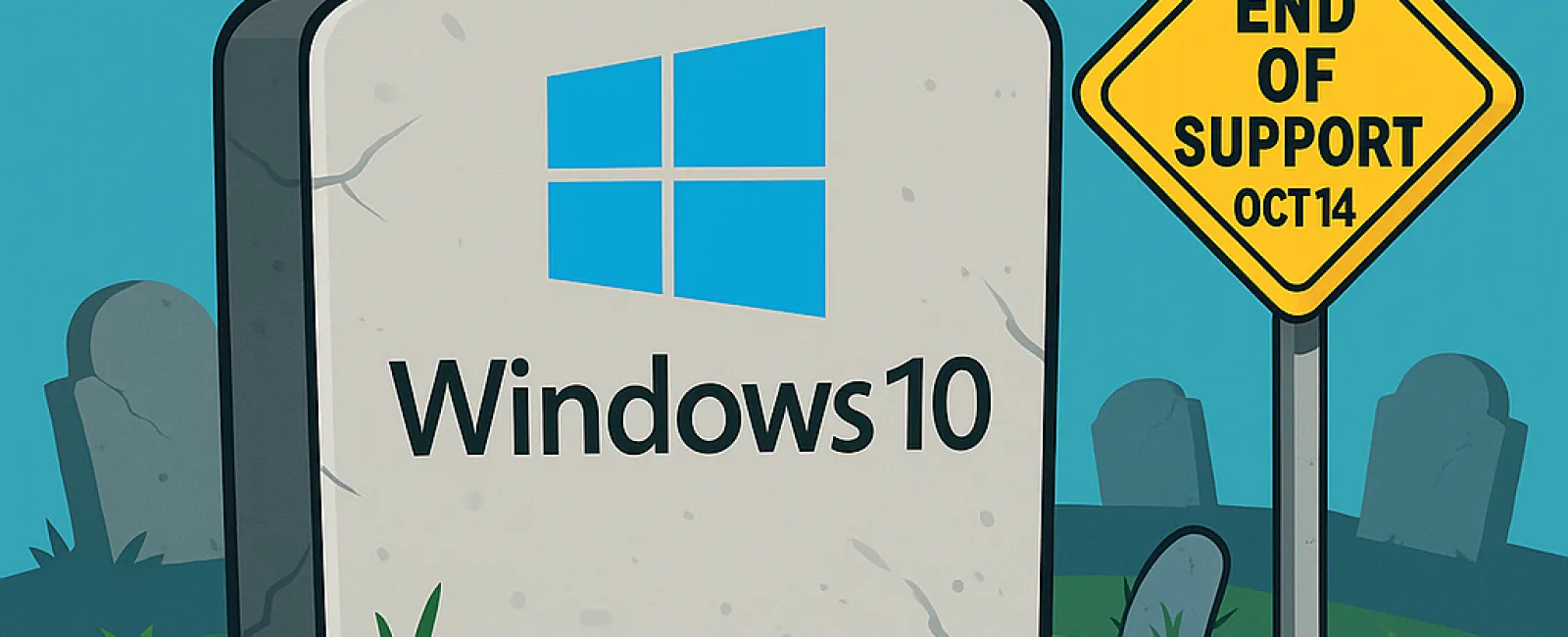 Tombstone with Windows 10 logo and R.I.P. text next to a sign saying End of Support Oct 14 in a graveyard scene.