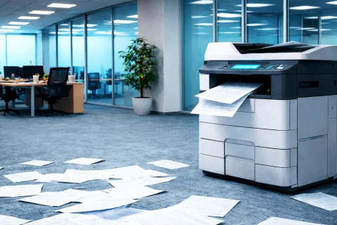 Office copier spiting out paper onto the floor.