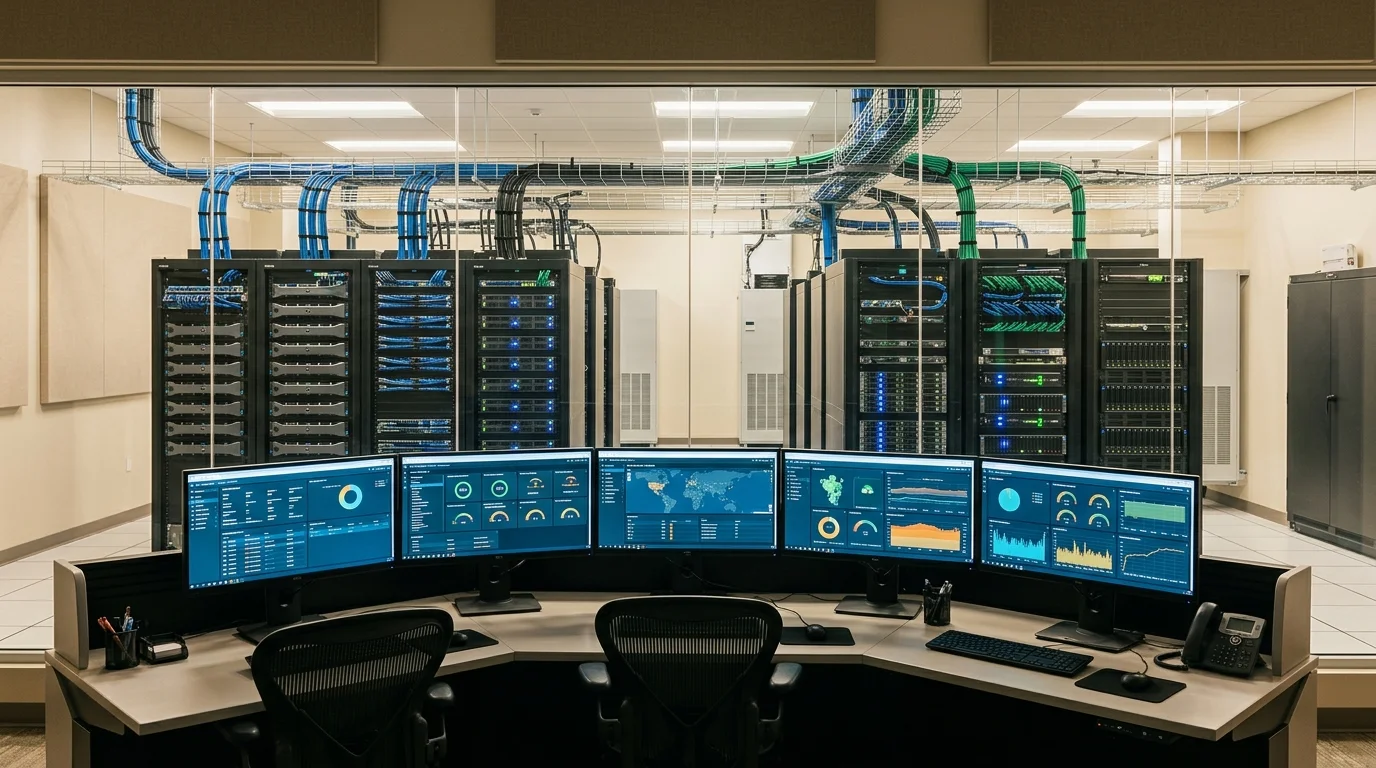 IT operations center with network monitoring dashboards