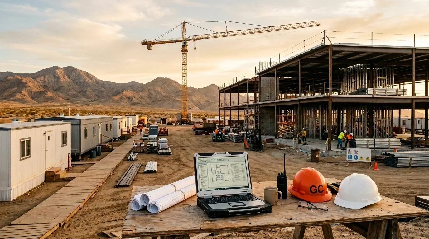 Active construction site with laptop and blueprints in the Inland Empire California