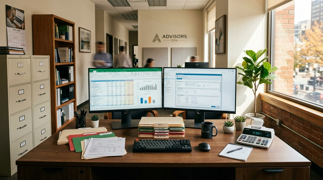 CPA firm office with dual monitors showing financial software during tax season