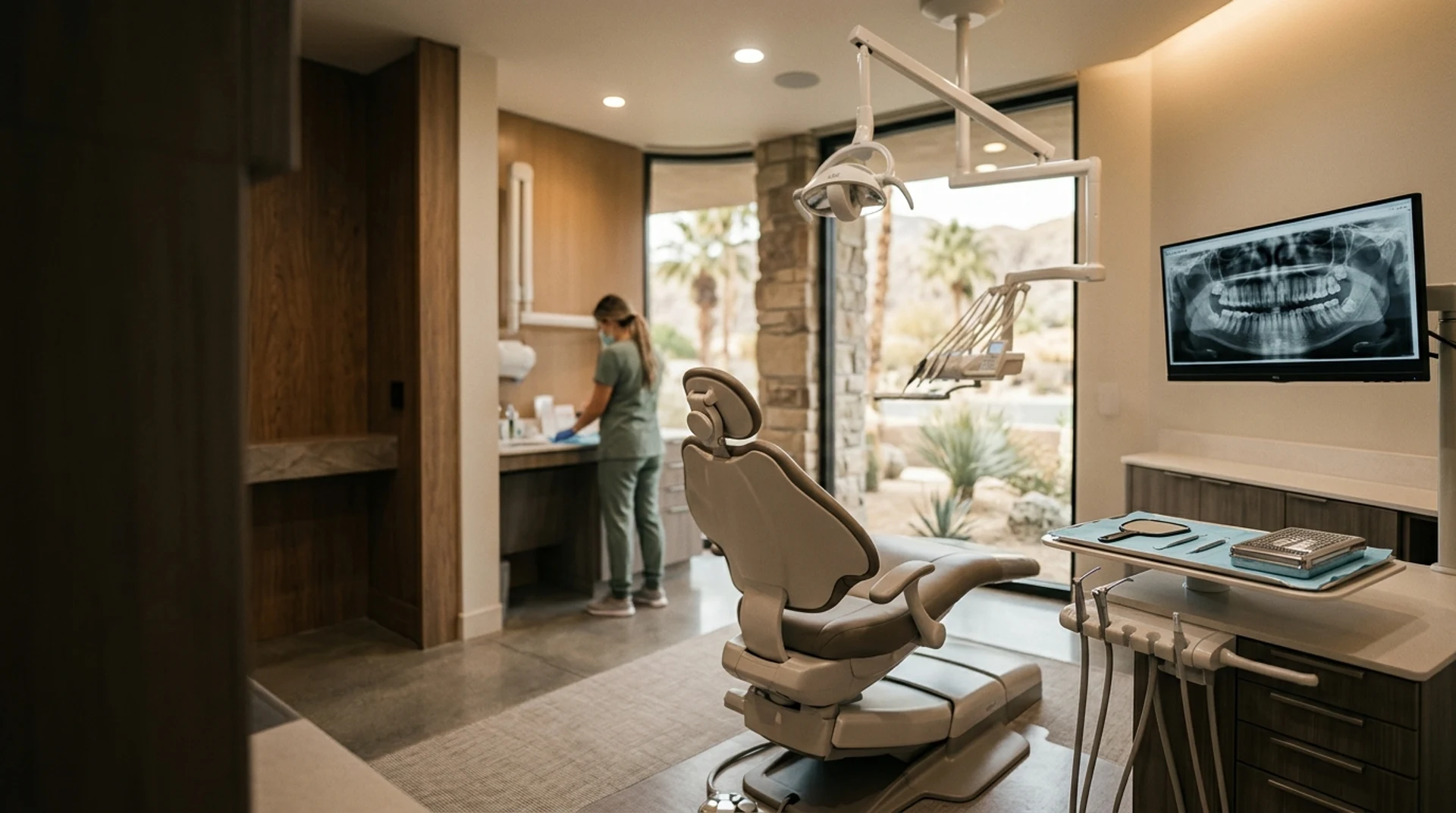 Modern dental operatory with patient chair, monitor showing digital X-rays, and hygienist preparing the workspace
